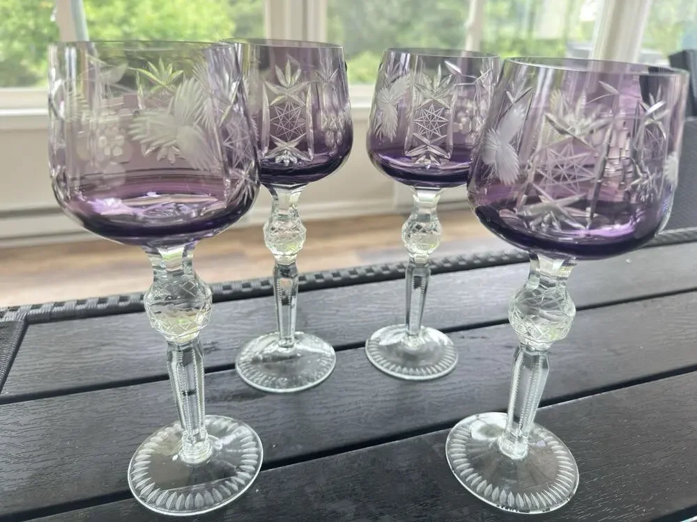 Vintage Bohemian Amethyst Cut to Clear Crystal Wine Glass 8-1/2”~set Of 4